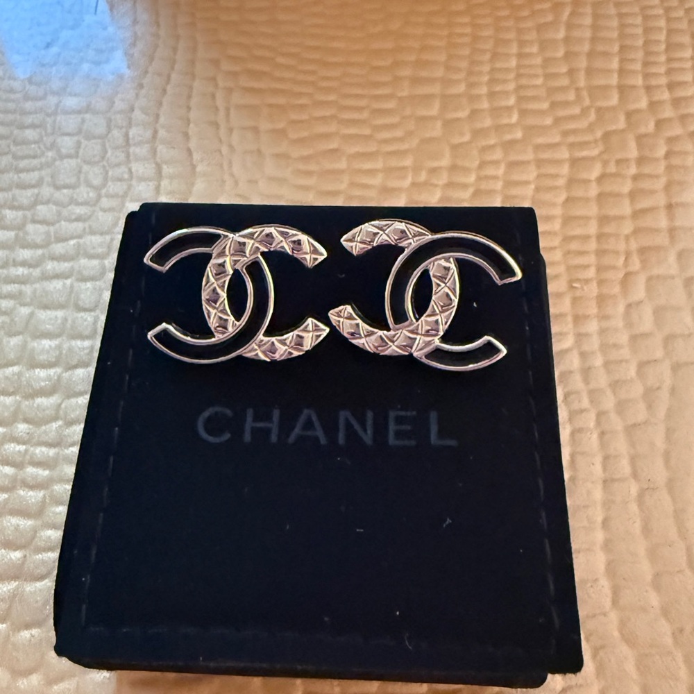 Authentic CHANEL gold plated and black CC logo Earrings